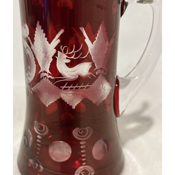 Egermann Bohemian Ruby Cut Glass Stein Pewter Lid Beer Tankard Deer Stag Czech - Picture 2 of 13